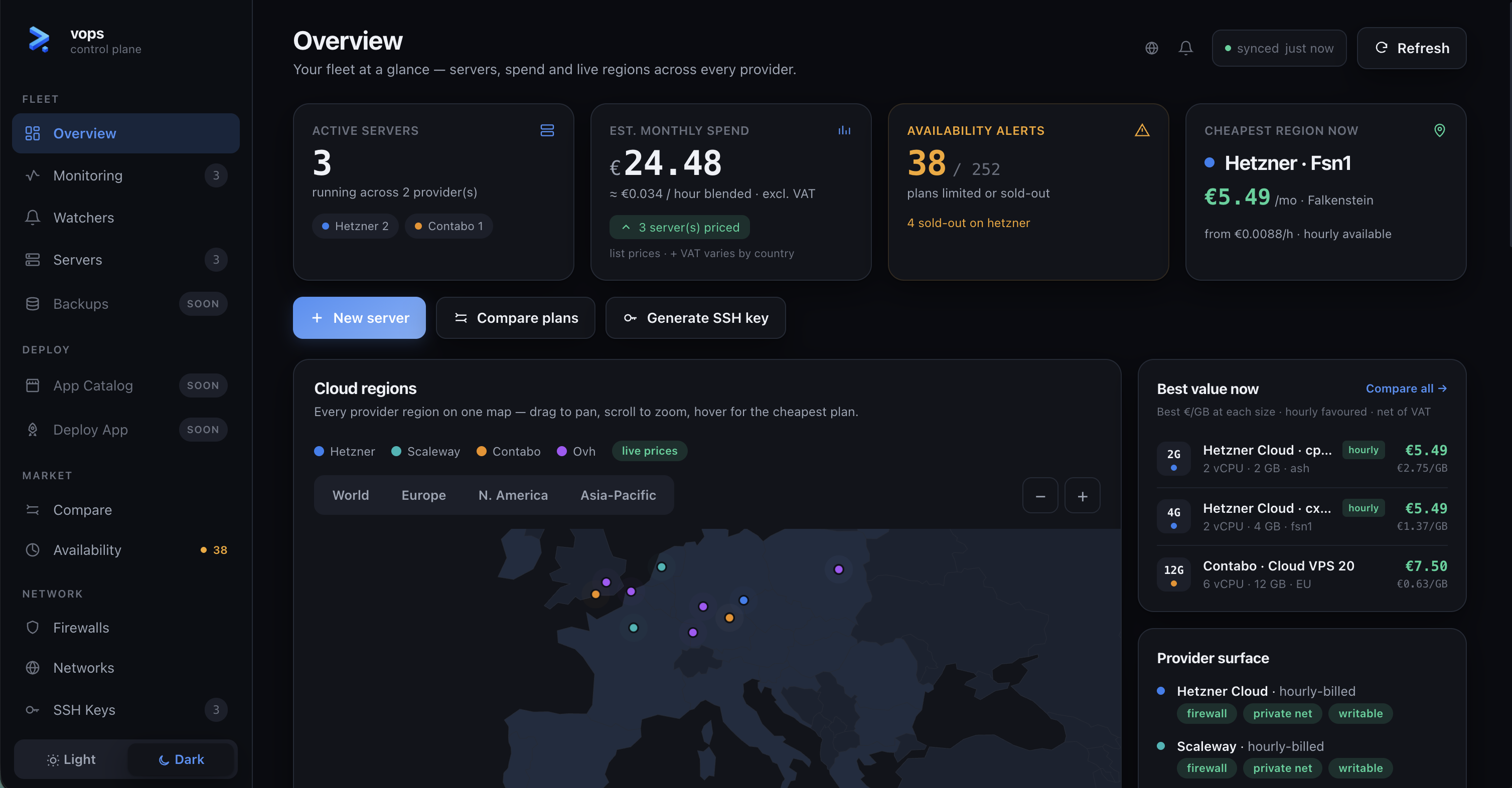 vops dashboard — fleet overview with the live provider map