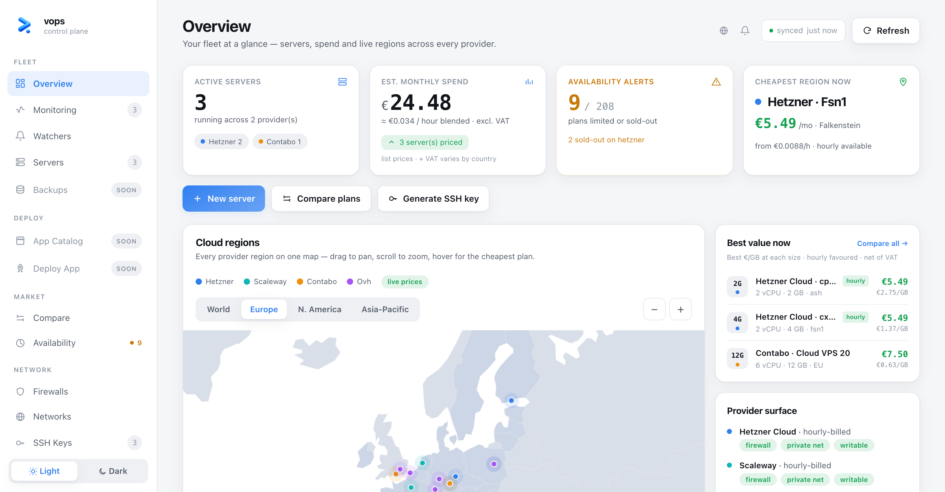 vops dashboard — fleet overview with the live provider map